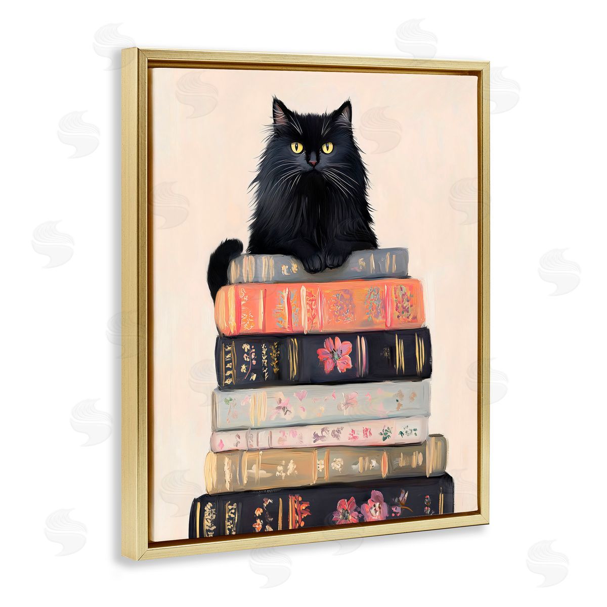 Arlington Prints Book Stack Black Cat Gold Floating Frame Canvas Art Print