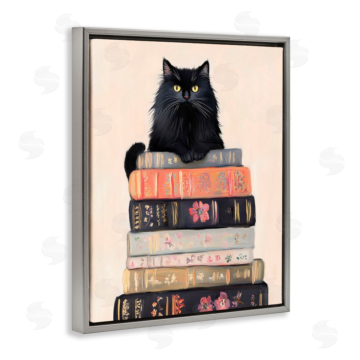 Arlington Prints Book Stack Black Cat Gray Floating Frame Canvas Art Print