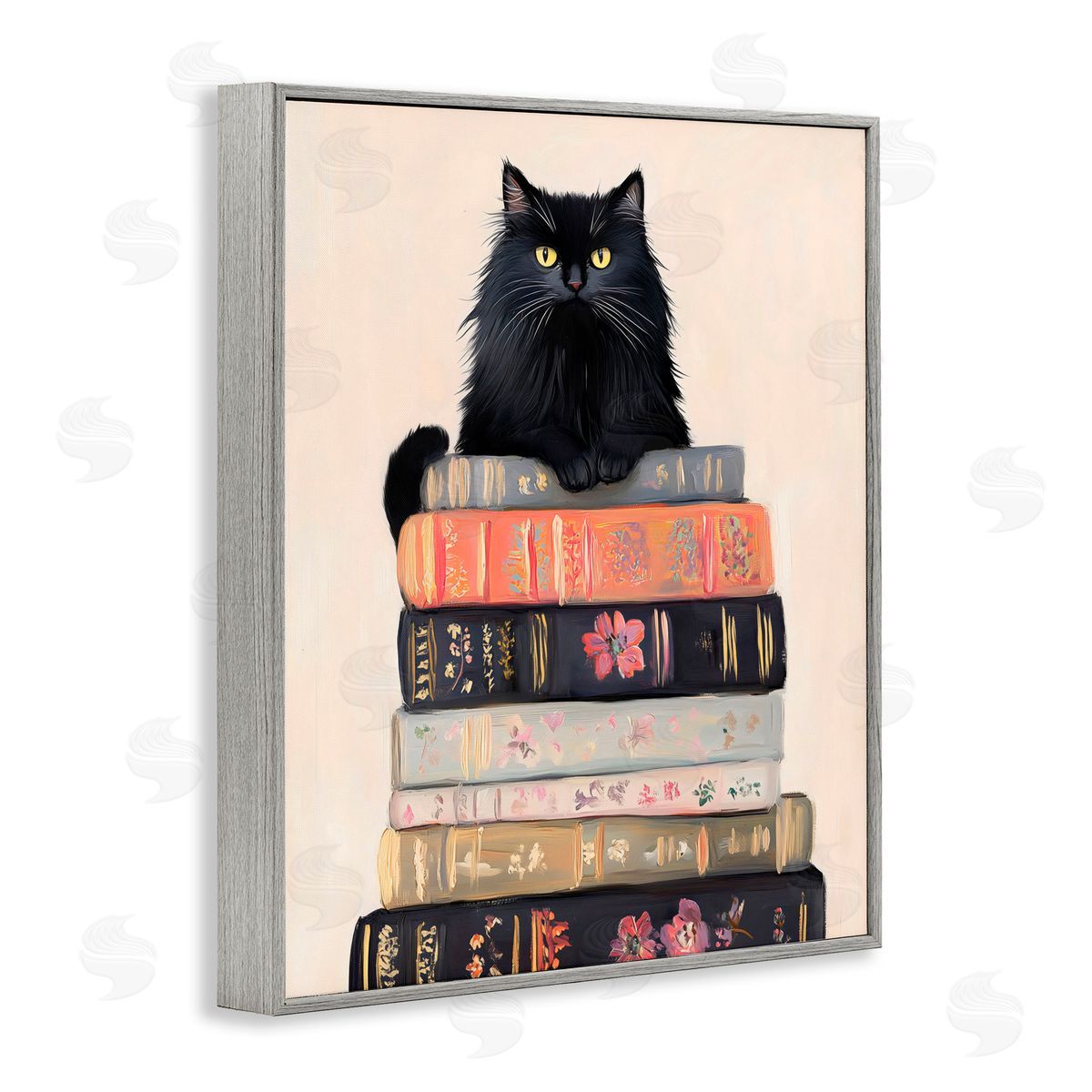 Arlington Prints Book Stack Black Cat Gray Framed Giclee Art Print