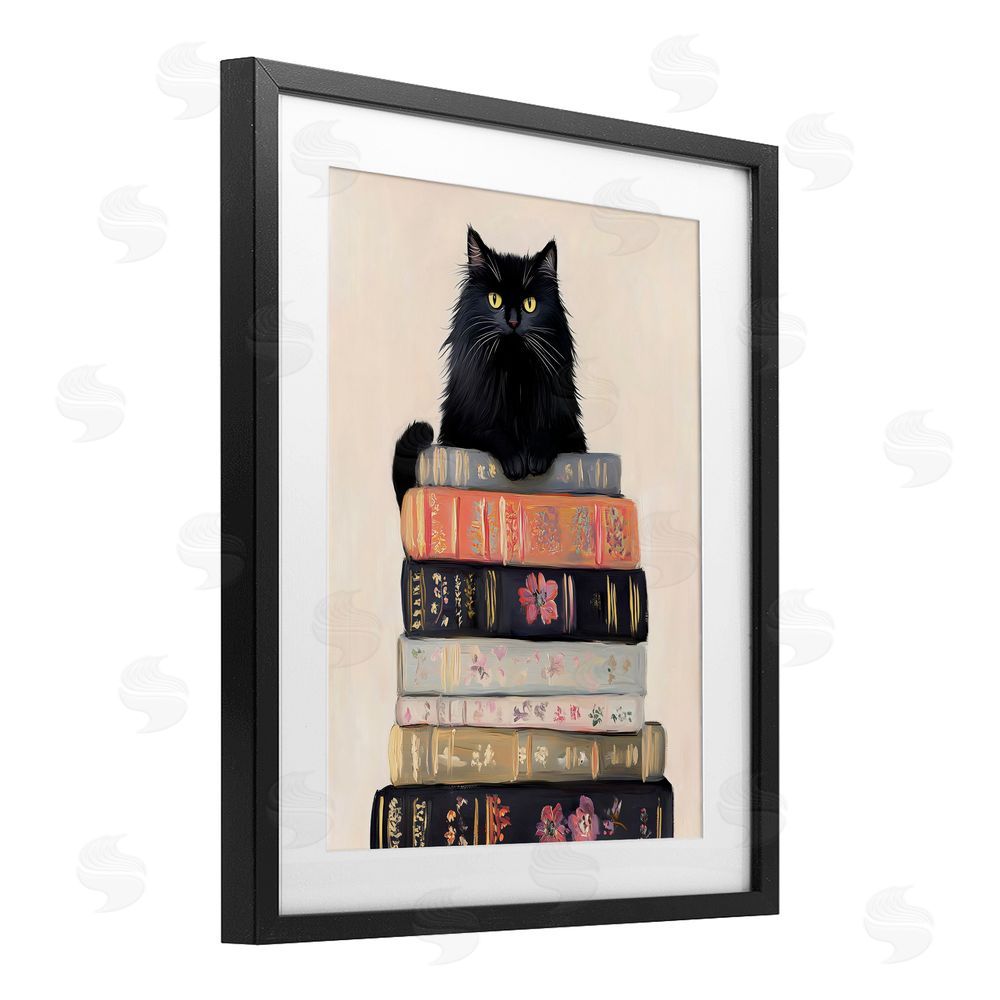 Arlington Prints Book Stack Black Cat Black Framed Print Under Glass Art
