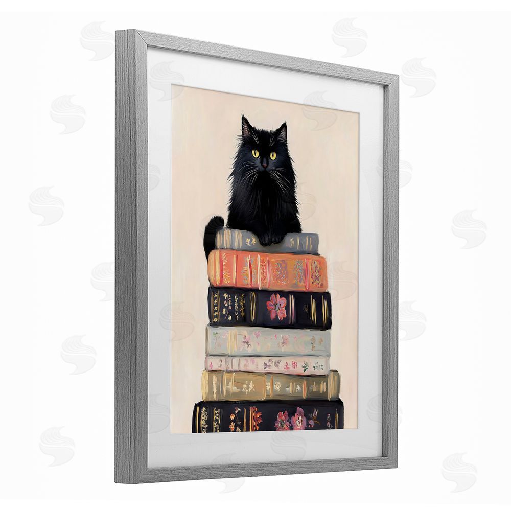 Arlington Prints Book Stack Black Cat Gray Framed Print Under Glass Art