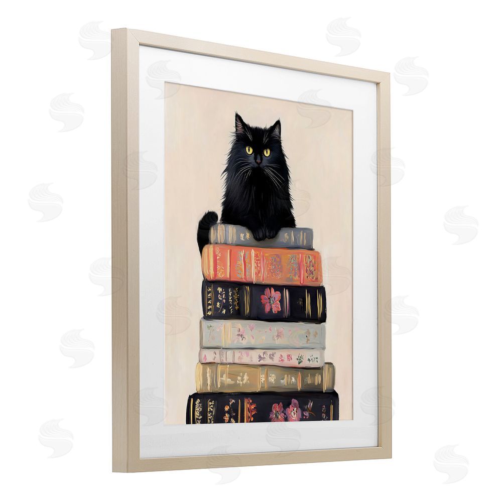 Arlington Prints Book Stack Black Cat Birch Framed Print Under Glass Art
