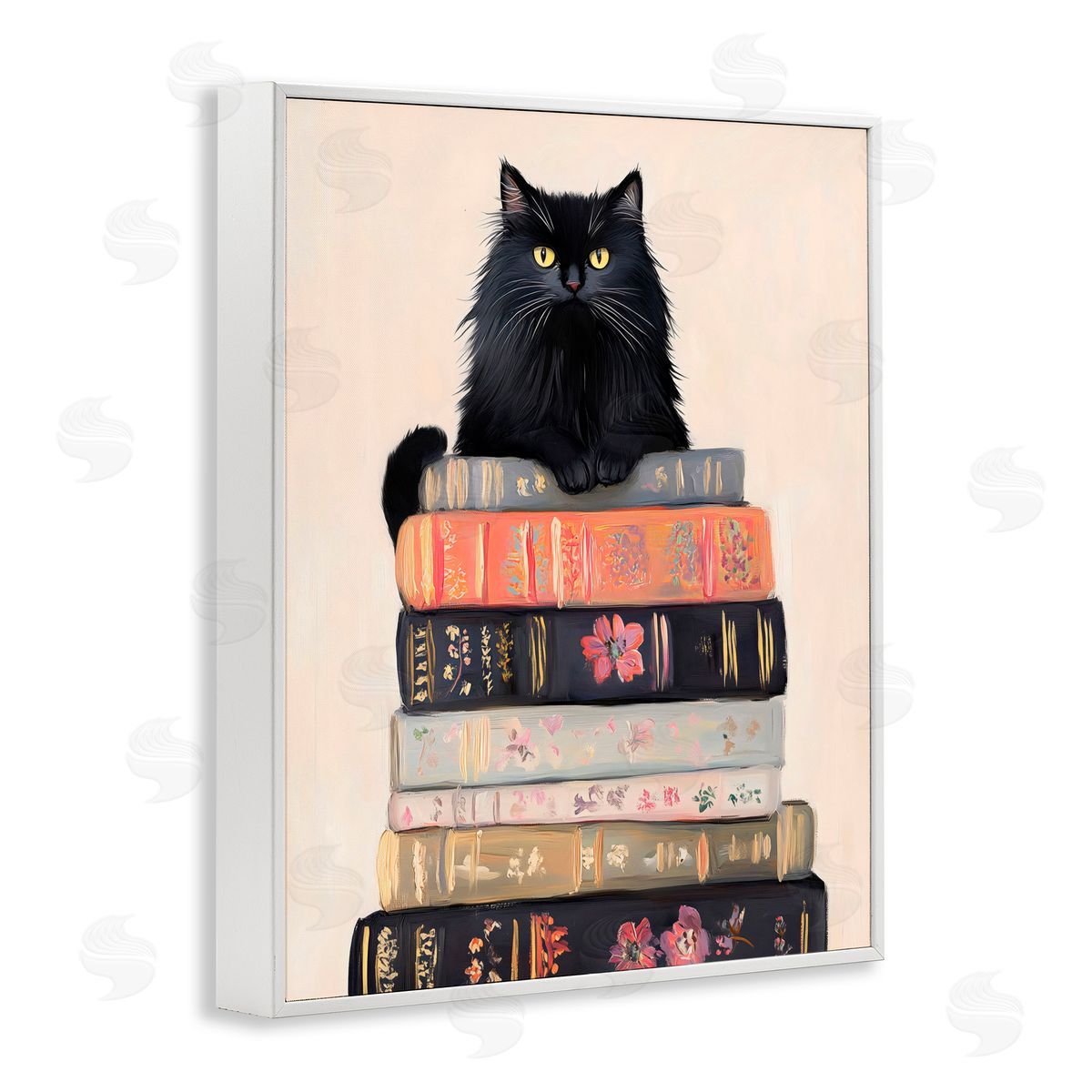 Arlington Prints Book Stack Black Cat White Frame Giclee Art Print