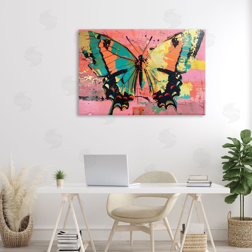 LSR Design Studio Retro Butterfly over Abstract Pink Canvas Art on Wall