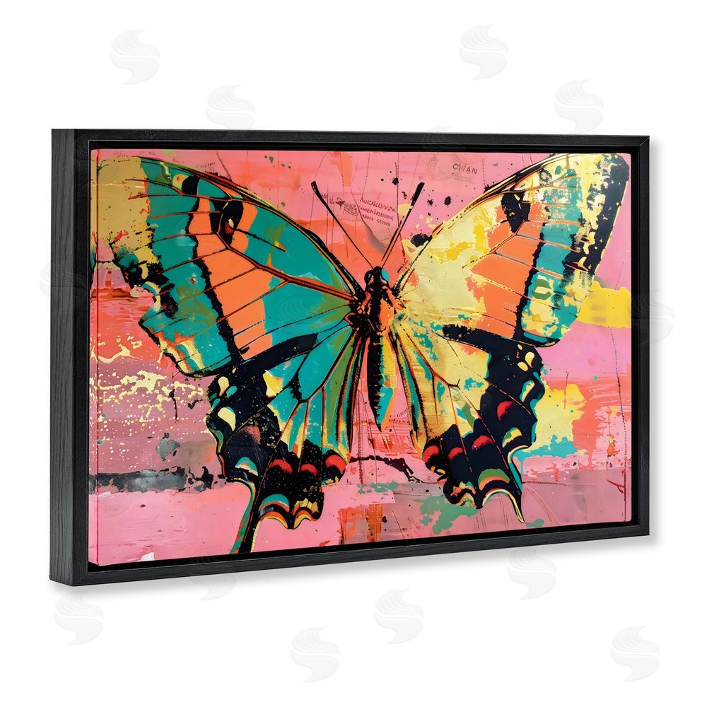 LSR Design Studio Retro Butterfly over Abstract Pink Black Floating Frame Canvas Wall Art Print