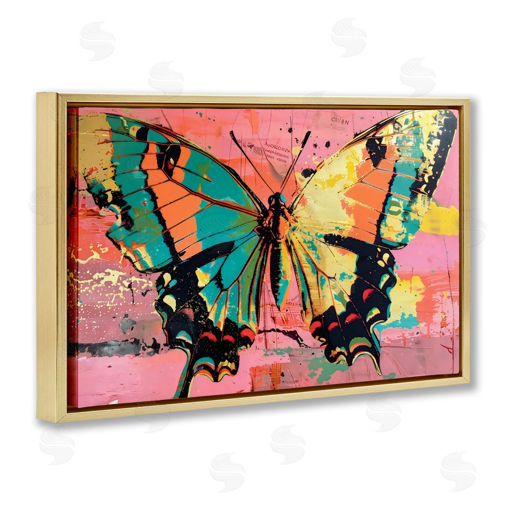 LSR Design Studio Retro Butterfly over Abstract Pink Gold Floating Frame Canvas Wall Art Print