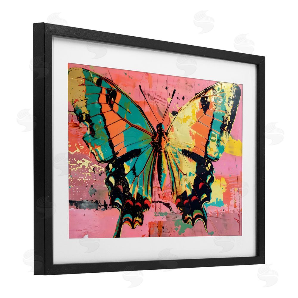 LSR Design Studio Retro Butterfly over Abstract Pink Black Framed Print Under Glass with White Mat Wall Art