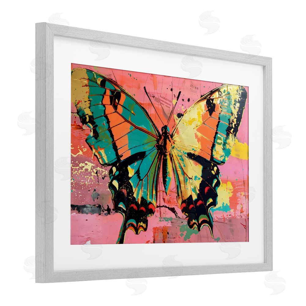 LSR Design Studio Retro Butterfly over Abstract Pink Gray Framed Print Under Glass with White Mat Wall Art