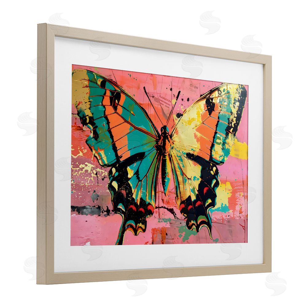 LSR Design Studio Retro Butterfly over Abstract Pink Birch Framed Print Under Glass with White Mat Wall Art