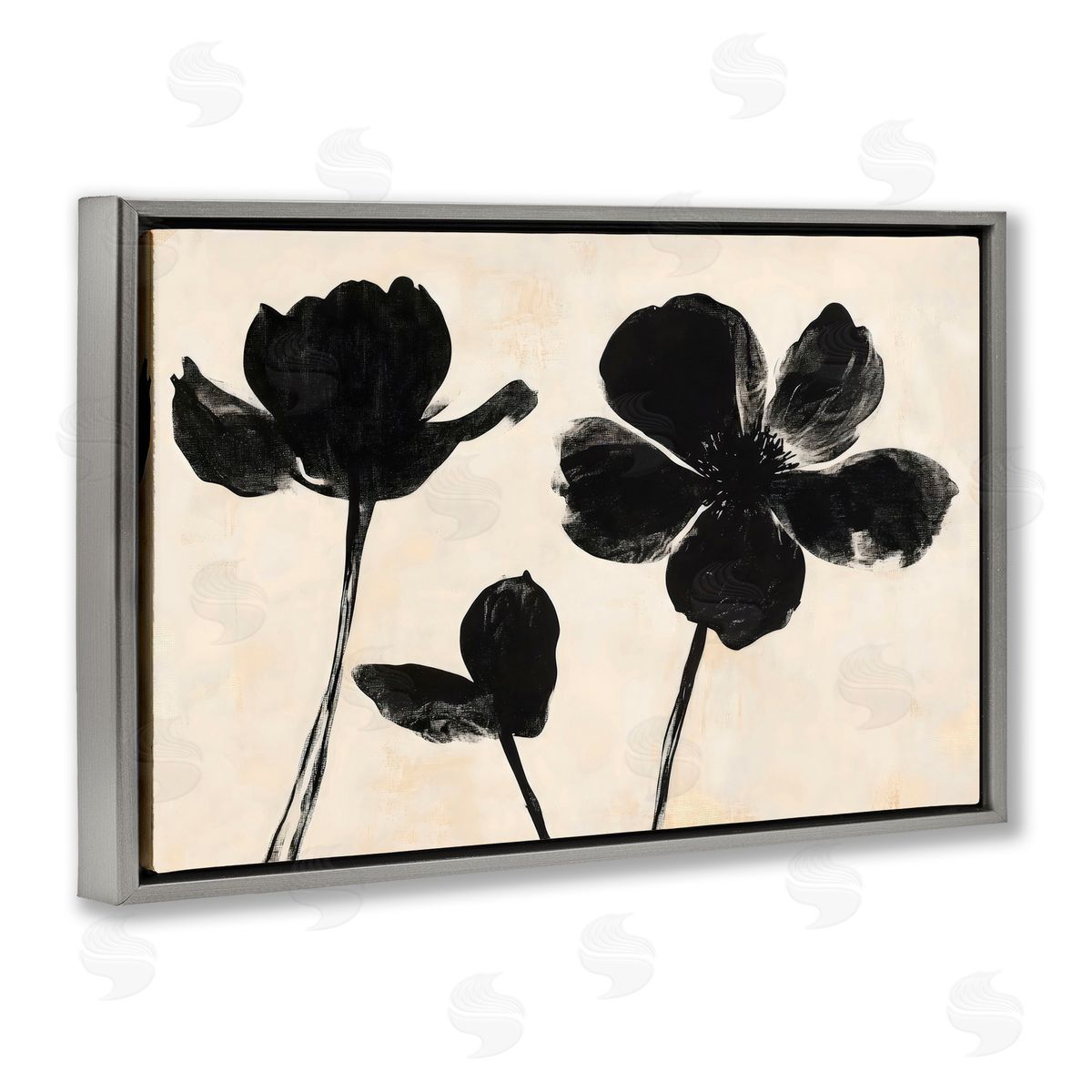 Creative Studio Inky Black Florals Silhouette Gray Floating Frame Canvas Art Print