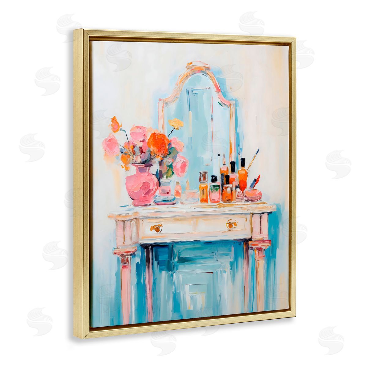 Creative Studio Vanity with Cosmetic Bottles Gold Floating Frame Canvas Art Print