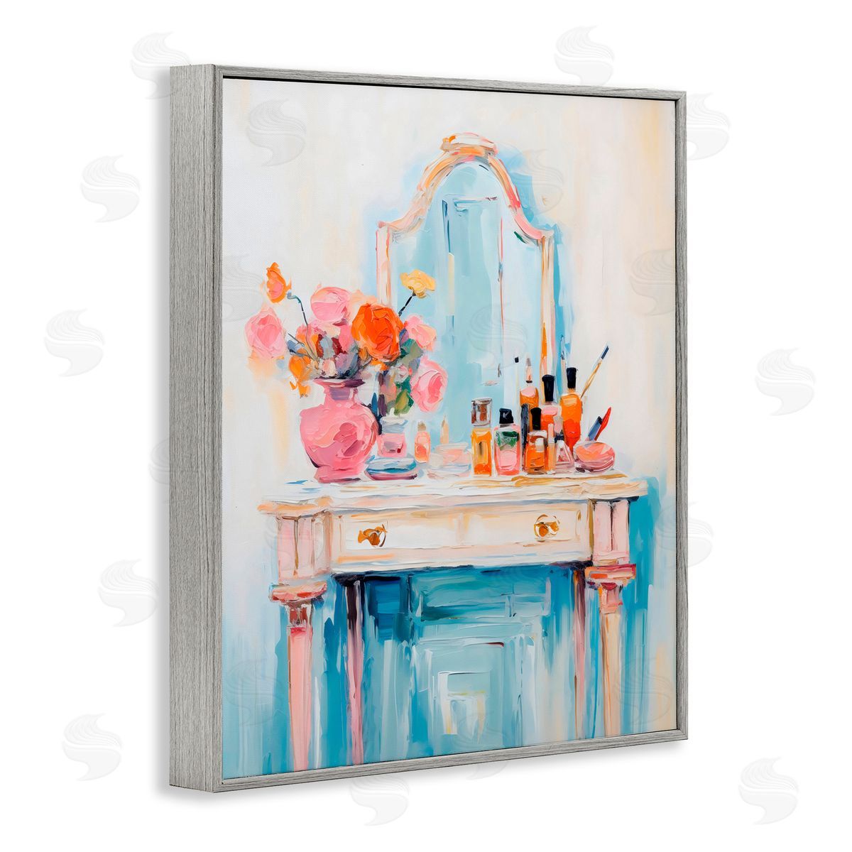 Creative Studio Vanity with Cosmetic Bottles Gray Framed Giclee Art Print