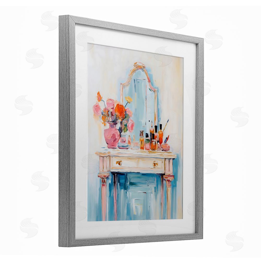 Creative Studio Vanity with Cosmetic Bottles Gray Framed Print Under Glass Art