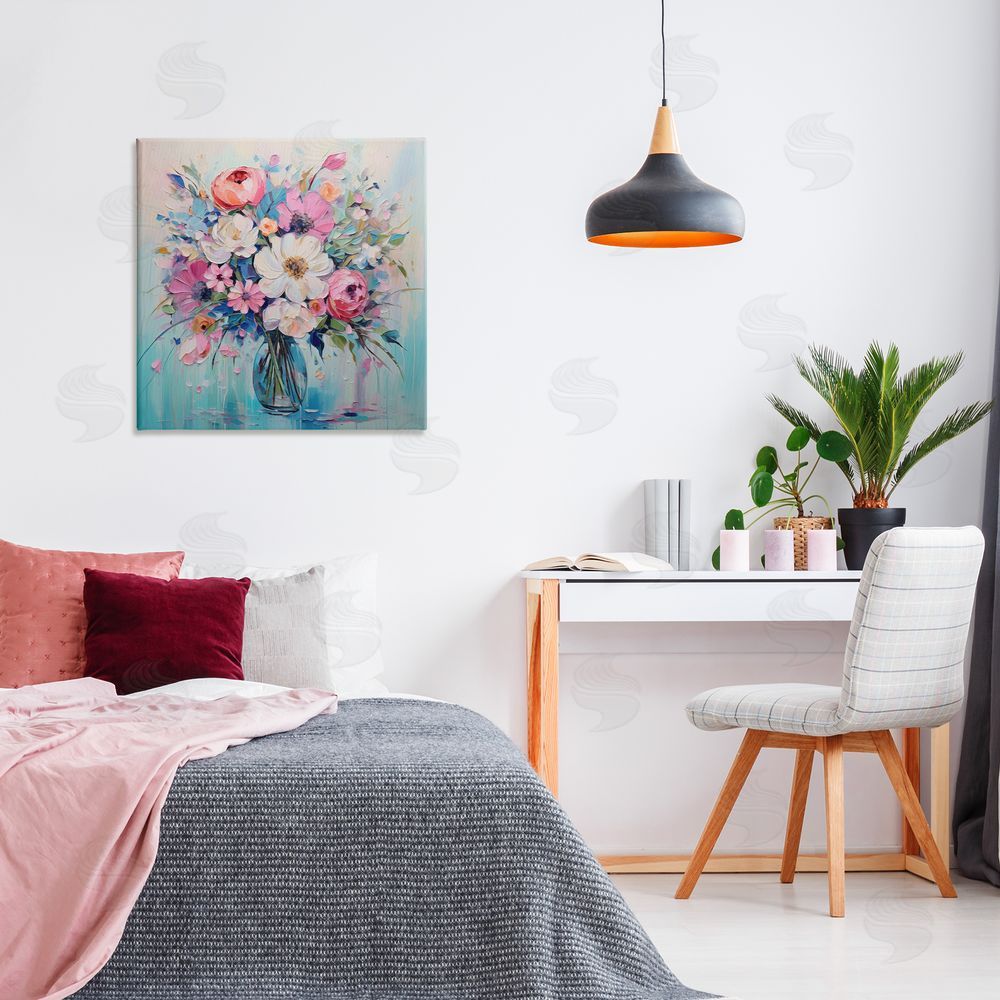 Creative Studio Faux Textured Bouquet on Blue Printed Wall Art in Room