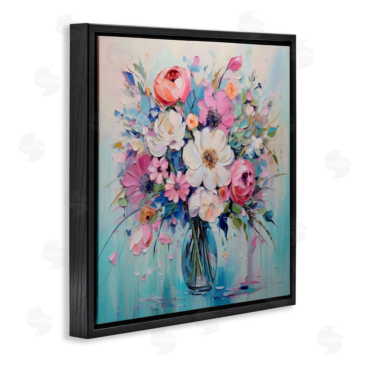 Creative Studio Faux Textured Bouquet on Blue Black Floating Frame Canvas Wall Art Print