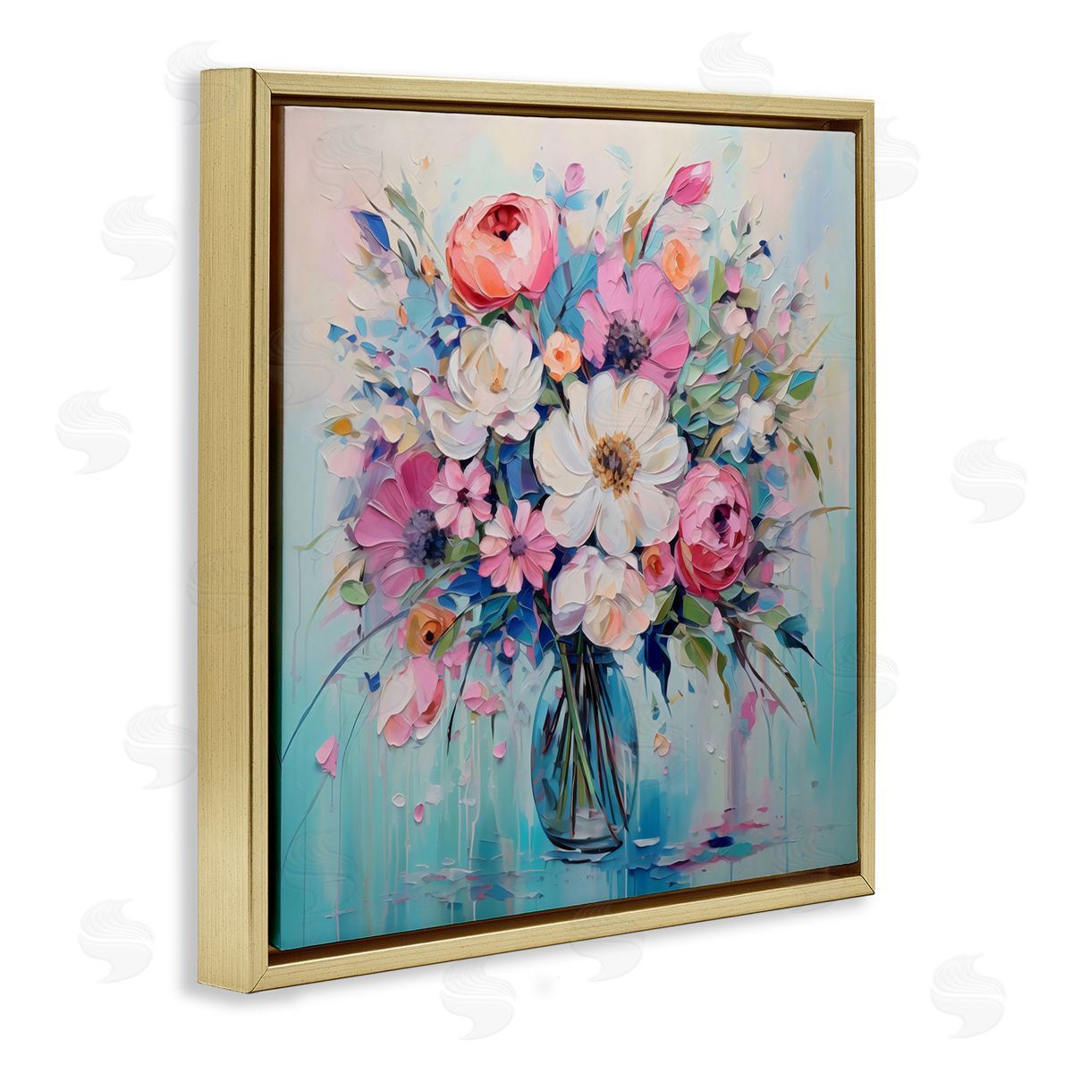 Creative Studio Faux Textured Bouquet on Blue Gold Floating Frame Canvas Art Print