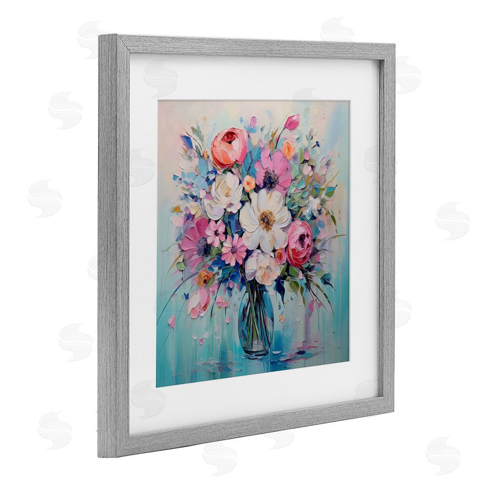 Creative Studio Faux Textured Bouquet on Blue Gray Framed Print Under Glass Art