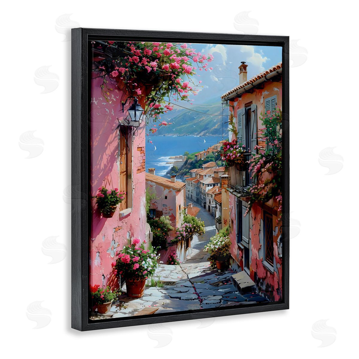 Creative Studio Quaint Pink Village View Black Floating Frame Canvas Wall Art Print