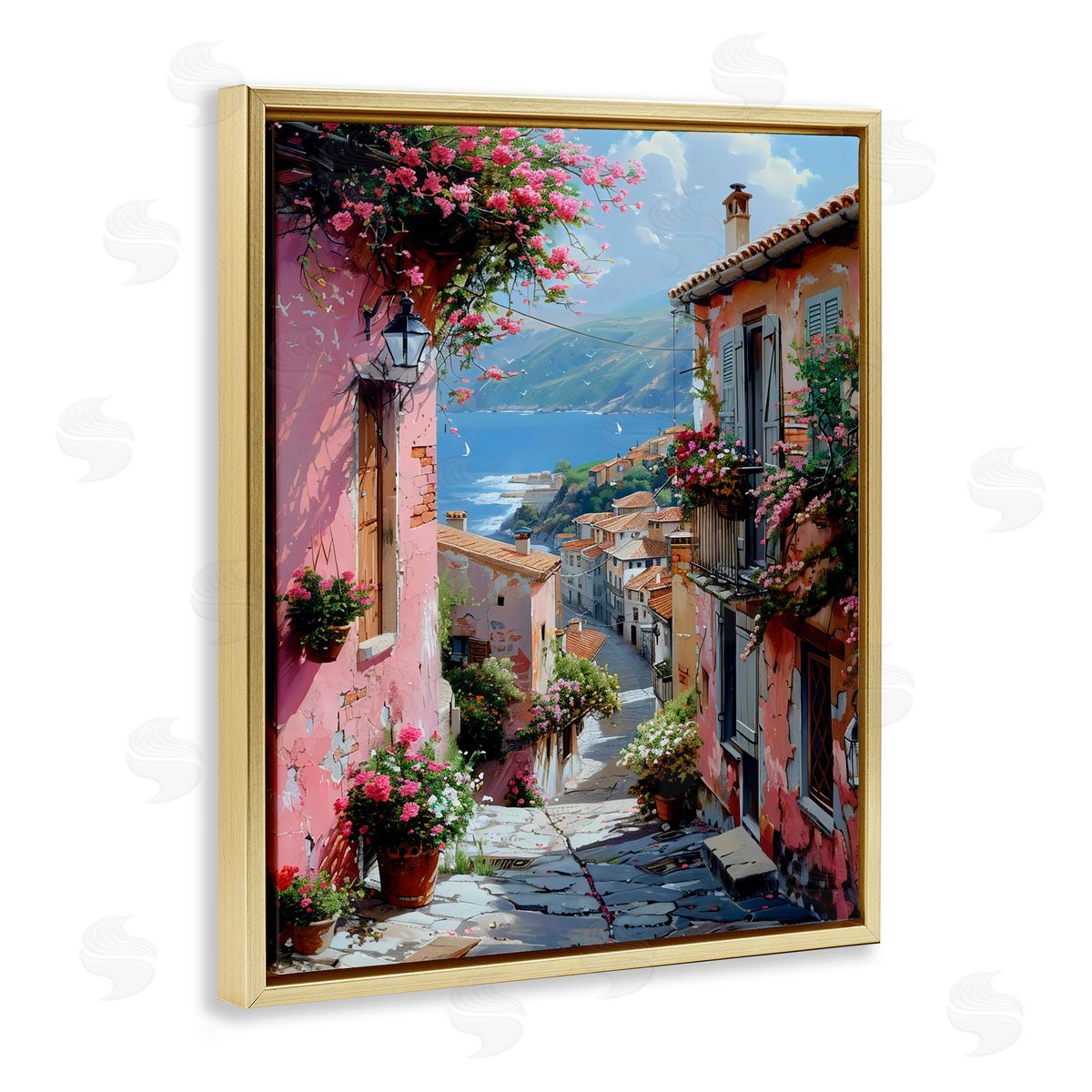 Creative Studio Quaint Pink Village View Gold Floating Frame Canvas Art Print