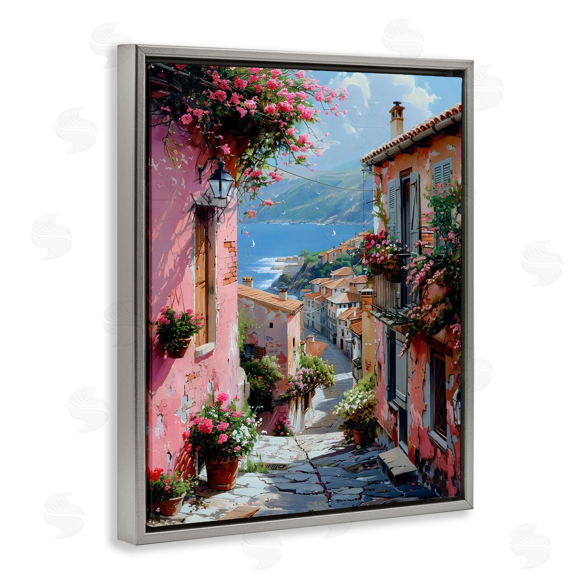 Creative Studio Quaint Pink Village View Gray Floating Frame Canvas Art Print