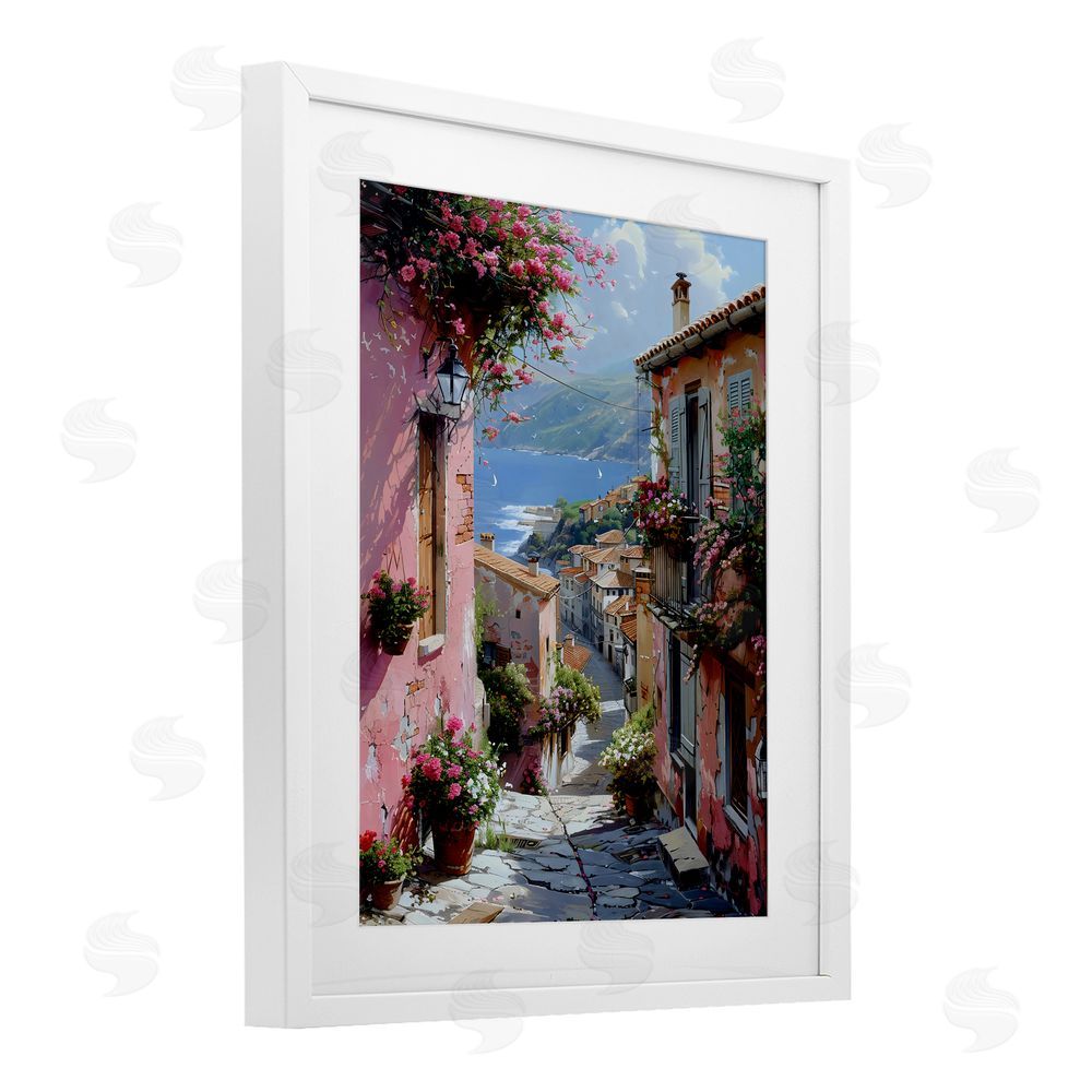 Creative Studio Quaint Pink Village View White Framed Print Under Glass Art