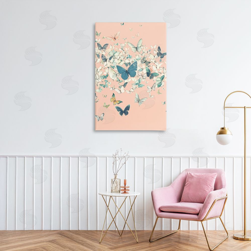 Petal Prints Design Cluster of Butterflies over Pink Canvas Art on Wall