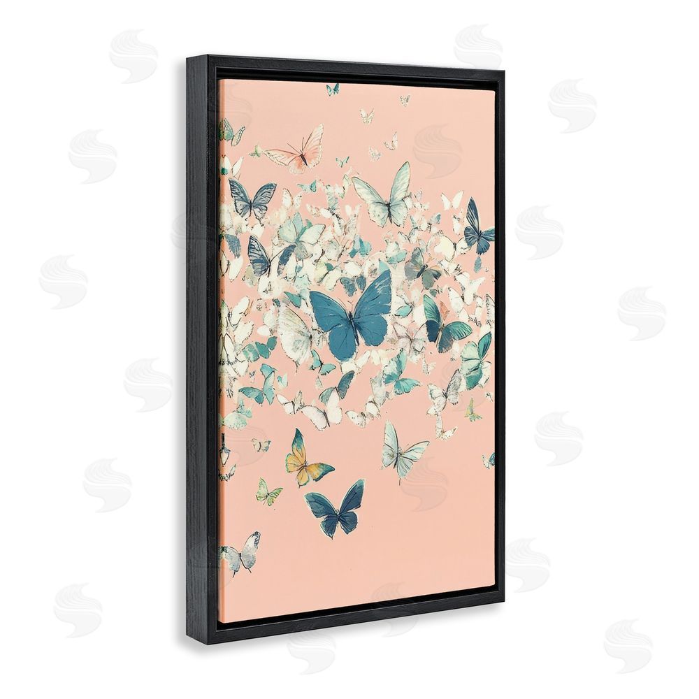 Petal Prints Design Cluster of Butterflies over Pink Black Floating Frame Canvas Wall Art Print