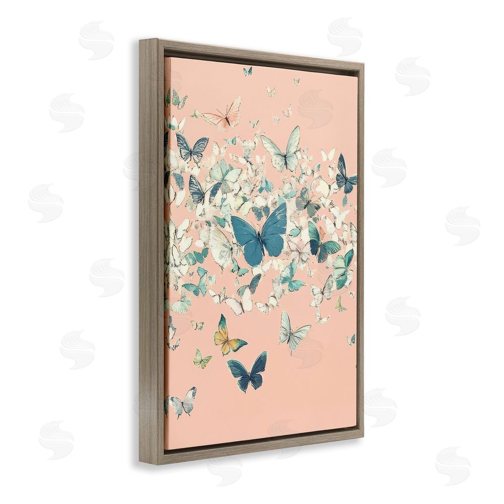 Petal Prints Design Cluster of Butterflies over Pink Brown Floating Frame Canvas Wall Art Print