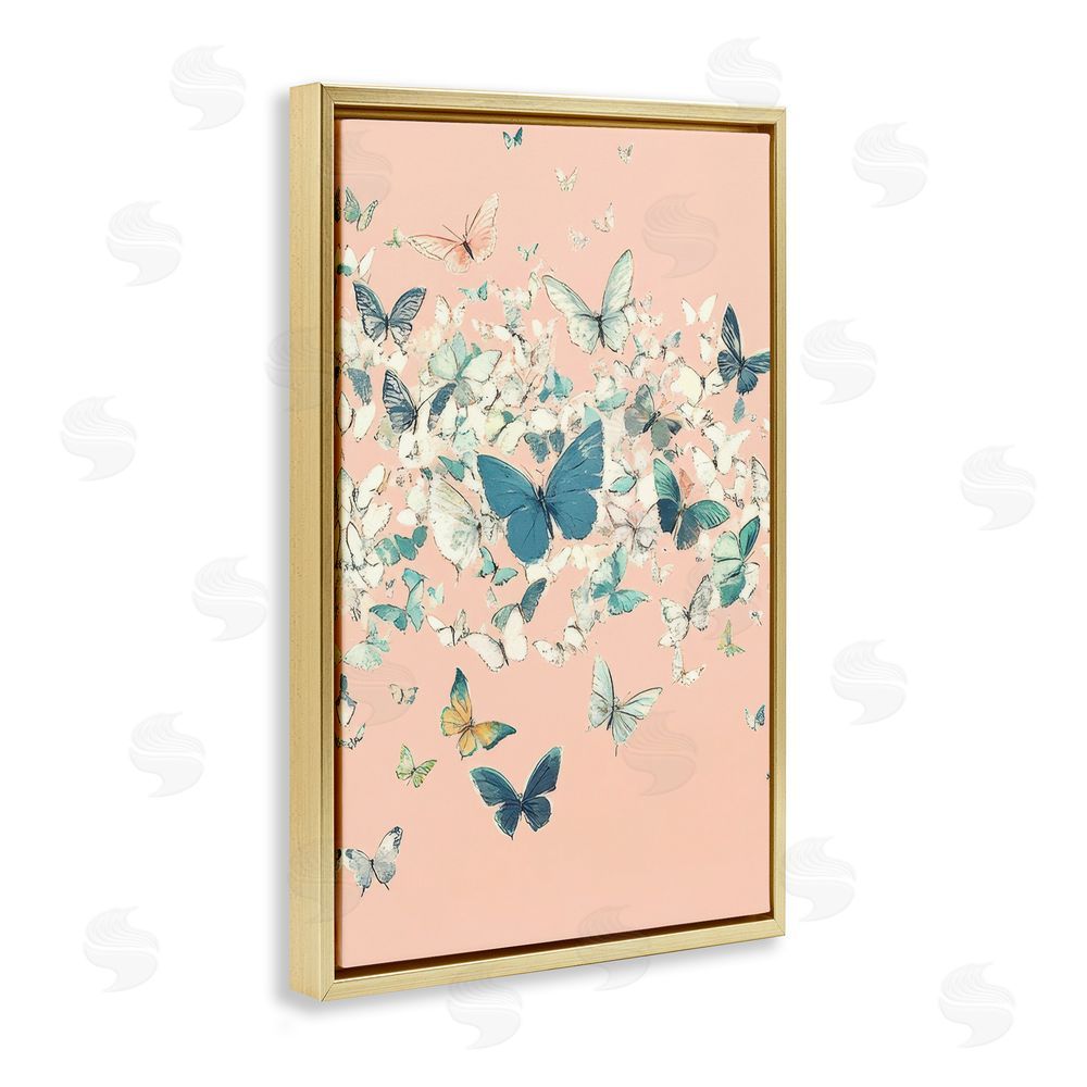 Petal Prints Design Cluster of Butterflies over Pink Gold Floating Frame Canvas Wall Art Print