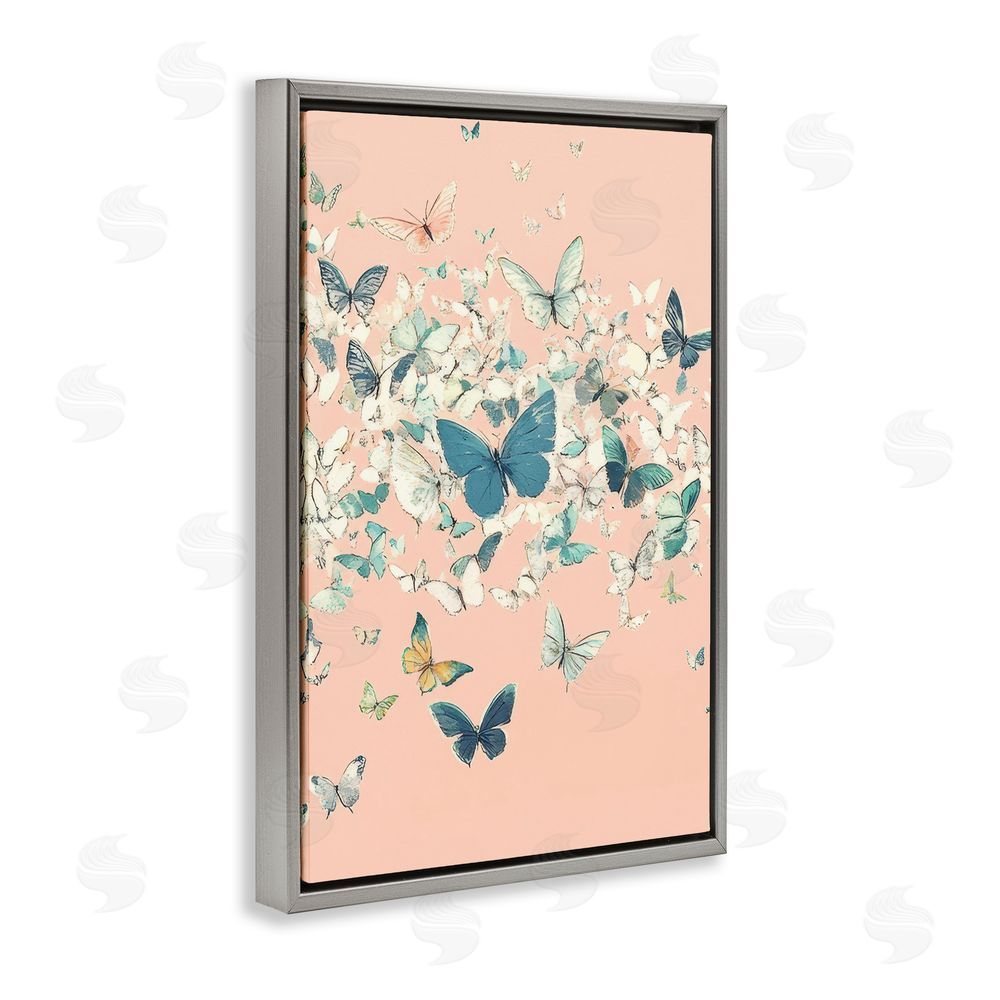 Petal Prints Design Cluster of Butterflies over Pink Gray Floating Frame Canvas Wall Art Print