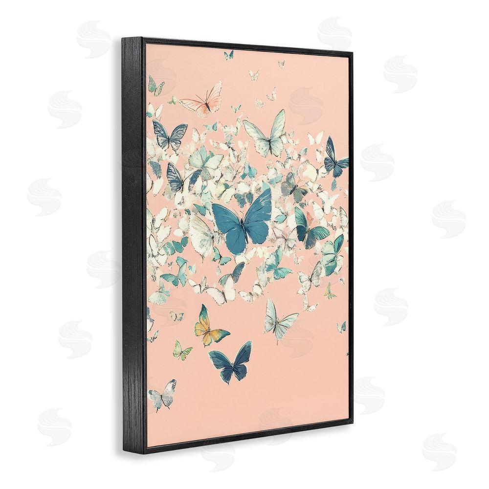 Petal Prints Design Cluster of Butterflies over Pink Black Framed Giclee Wall Art Print