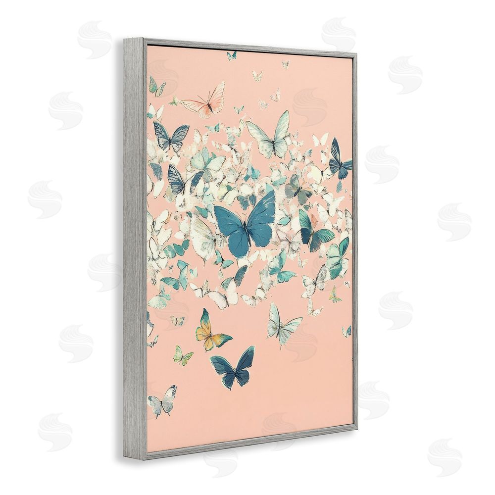 Petal Prints Design Cluster of Butterflies over Pink Gray Framed Giclee Wall Art Print