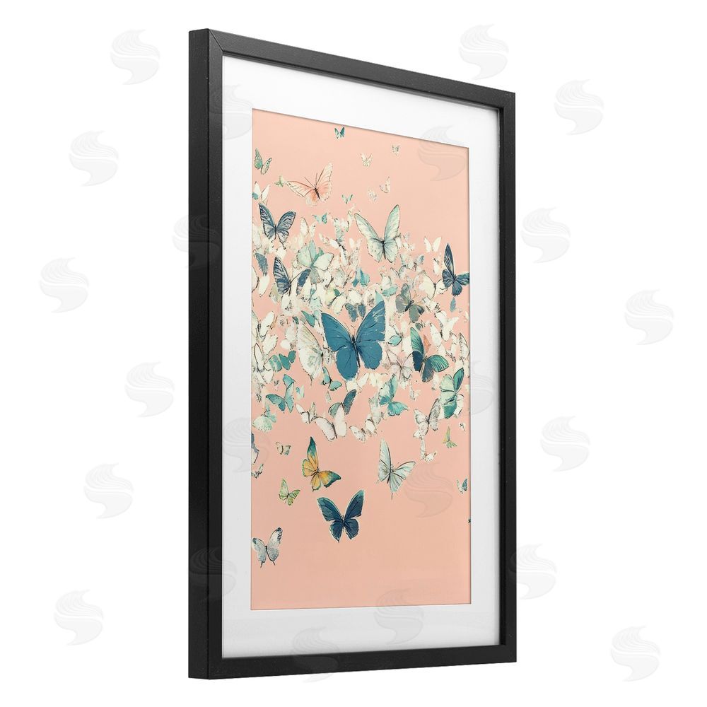 Petal Prints Design Cluster of Butterflies over Pink Black Framed Print Under Glass with White Mat Wall Art