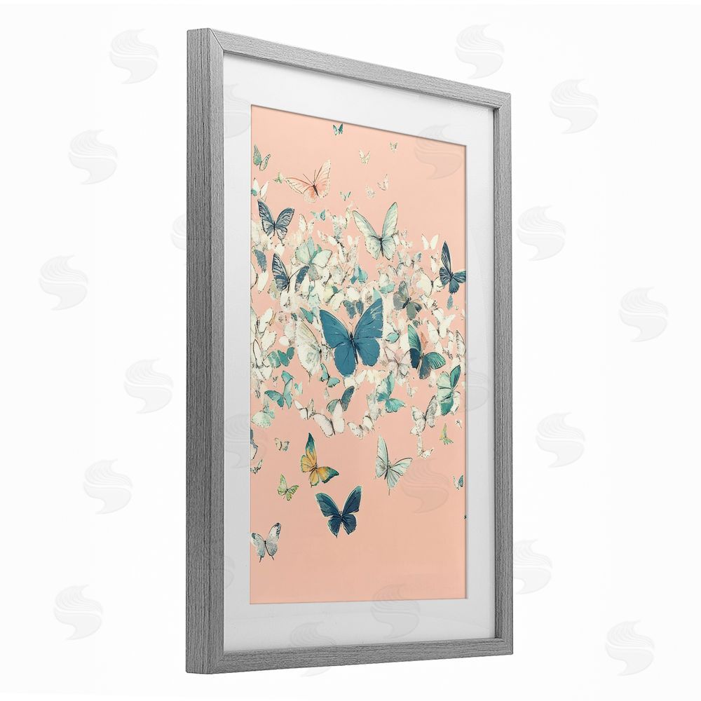 Petal Prints Design Cluster of Butterflies over Pink Gray Framed Print Under Glass with White Mat Wall Art