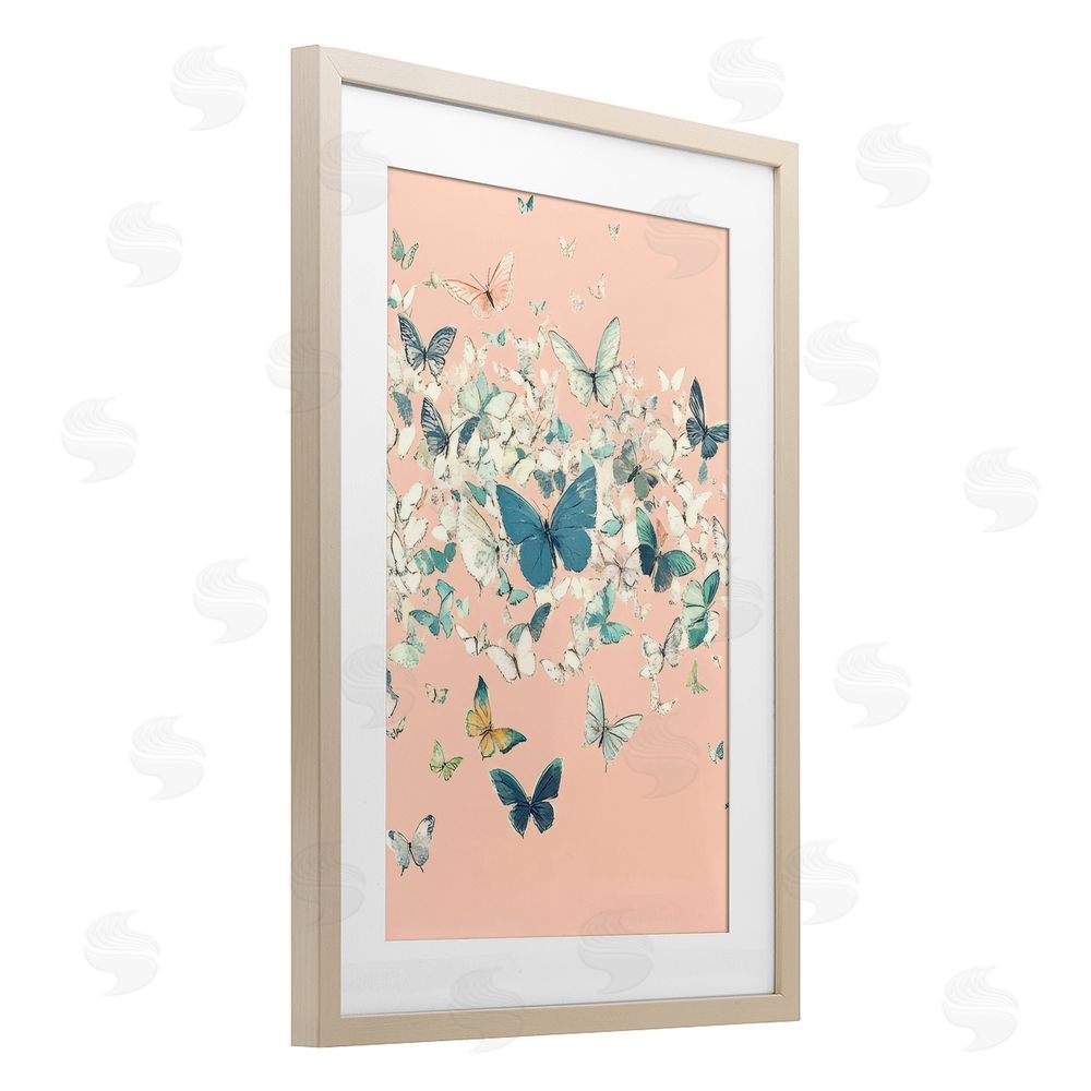 Petal Prints Design Cluster of Butterflies over Pink Birch Framed Print Under Glass with White Mat Wall Art