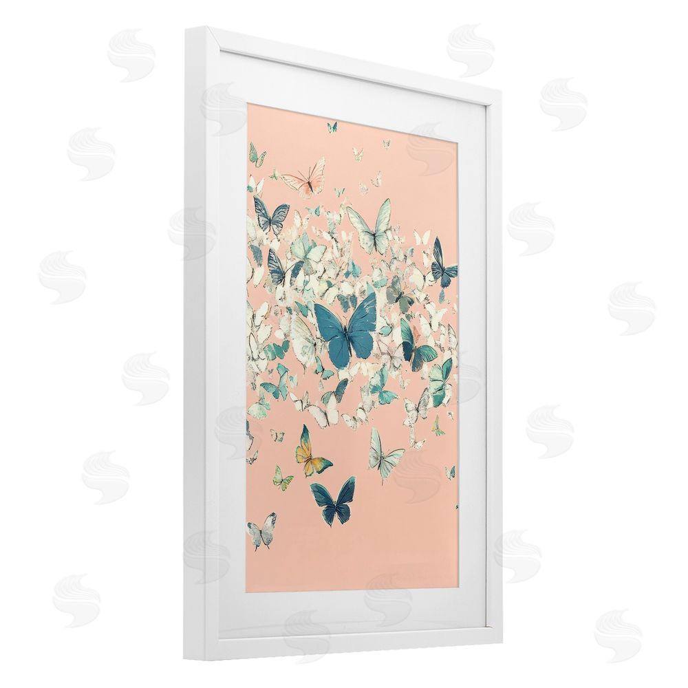Petal Prints Design Cluster of Butterflies over Pink White Framed Print Under Glass with Mat Wall Art