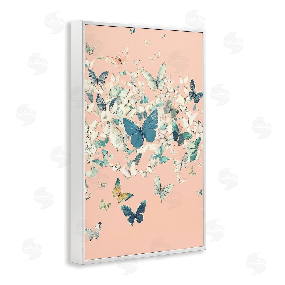 Petal Prints Design Cluster of Butterflies over Pink White Framed Giclee Wall Art Print