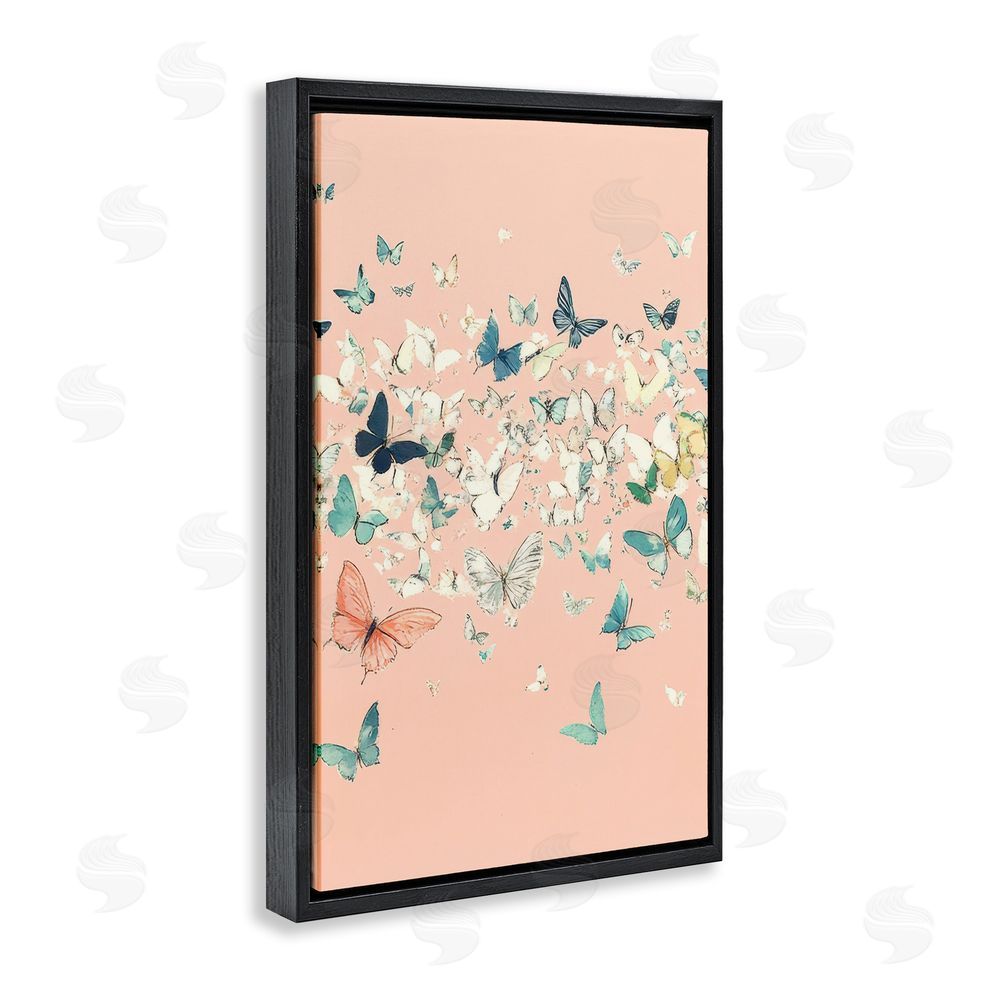 Petal Prints Design Blush Butterflies over Pink Black Floating Frame Canvas Wall Art Print