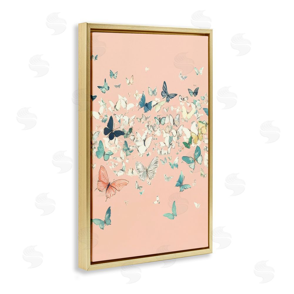 Petal Prints Design Blush Butterflies over Pink Gold Floating Frame Canvas Wall Art Print