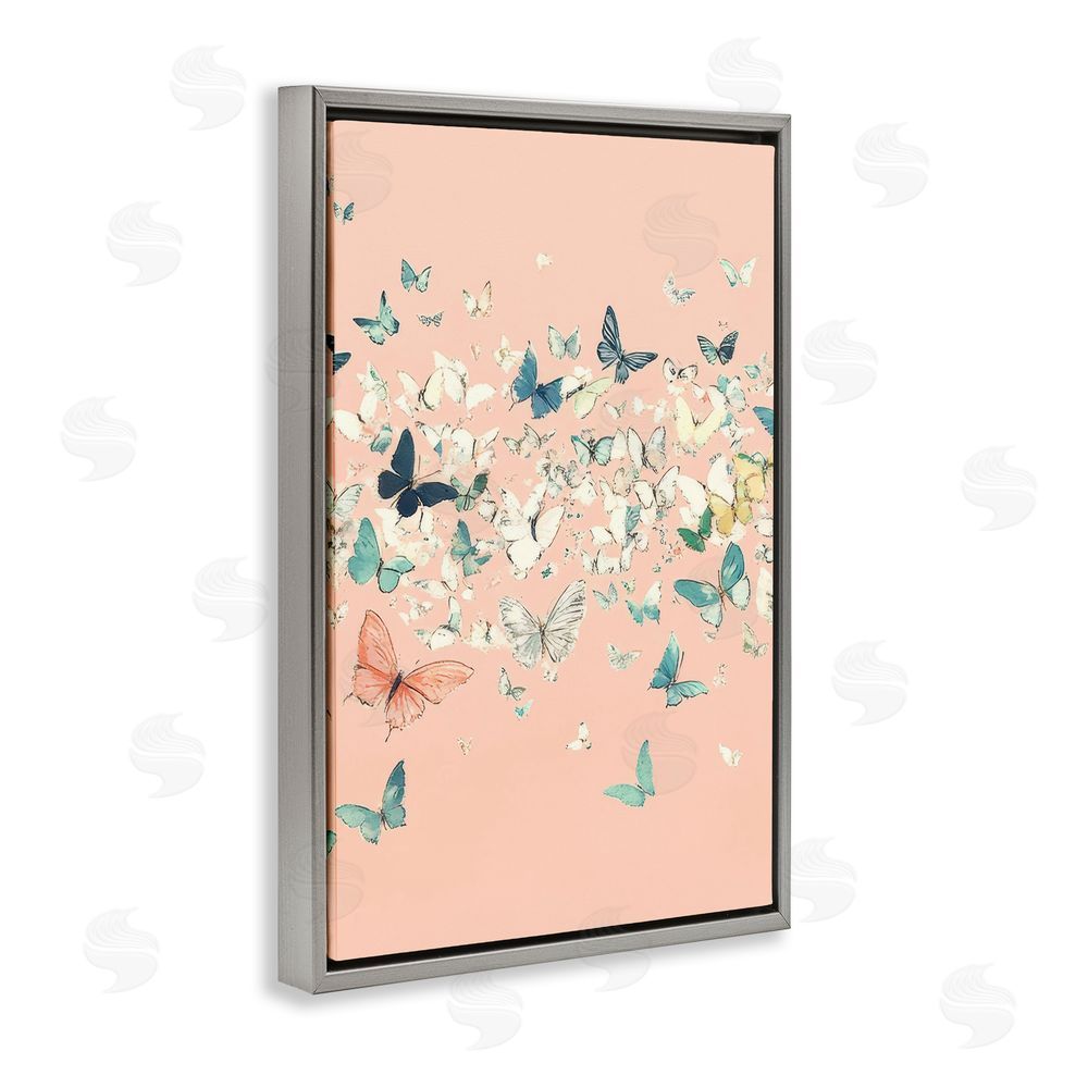 Petal Prints Design Blush Butterflies over Pink Gray Floating Frame Canvas Wall Art Print