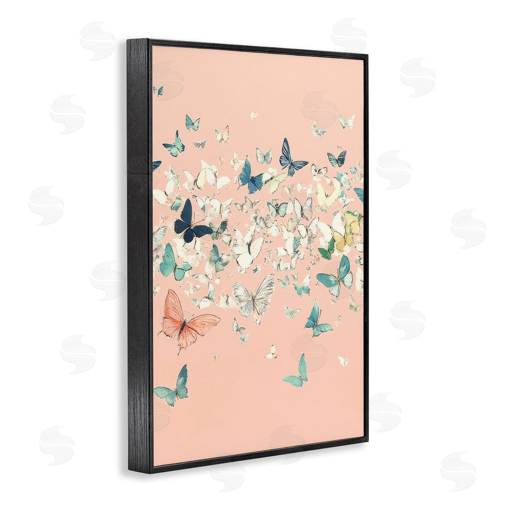 Petal Prints Design Blush Butterflies over Pink Black Framed Giclee Wall Art Print