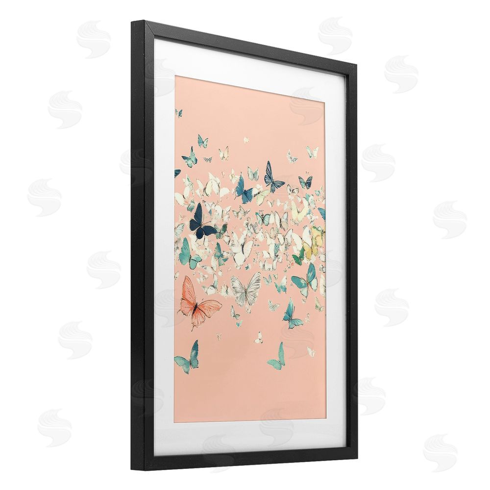 Petal Prints Design Blush Butterflies over Pink Black Framed Print Under Glass with White Mat Wall Art