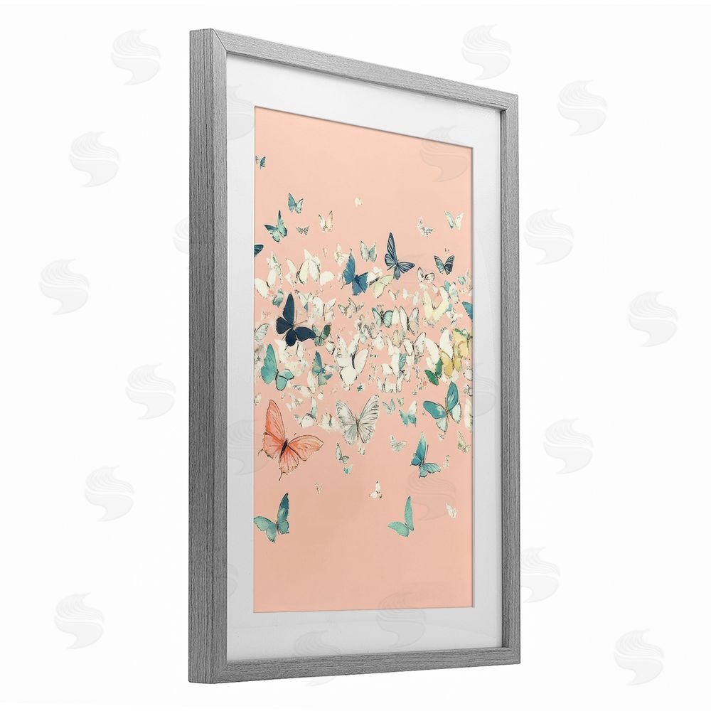 Petal Prints Design Blush Butterflies over Pink Gray Framed Print Under Glass with White Mat Wall Art