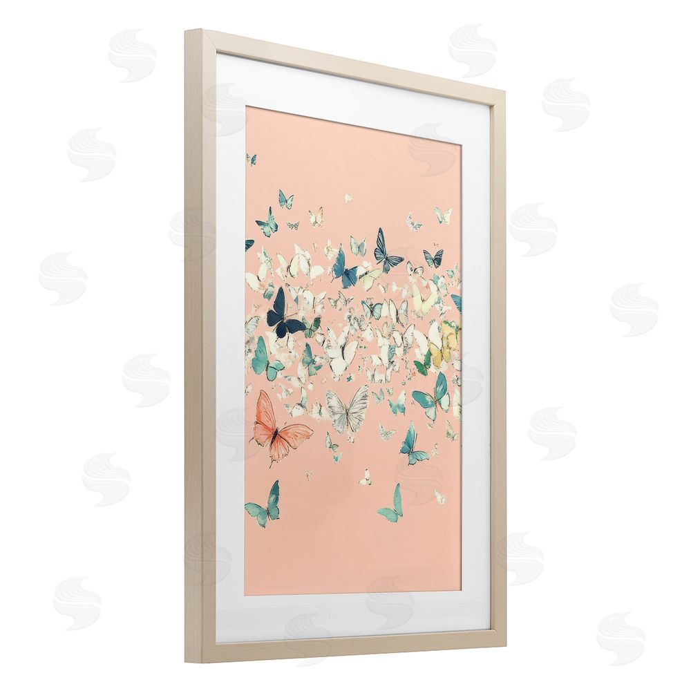 Petal Prints Design Blush Butterflies over Pink Birch Framed Print Under Glass with White Mat Wall Art