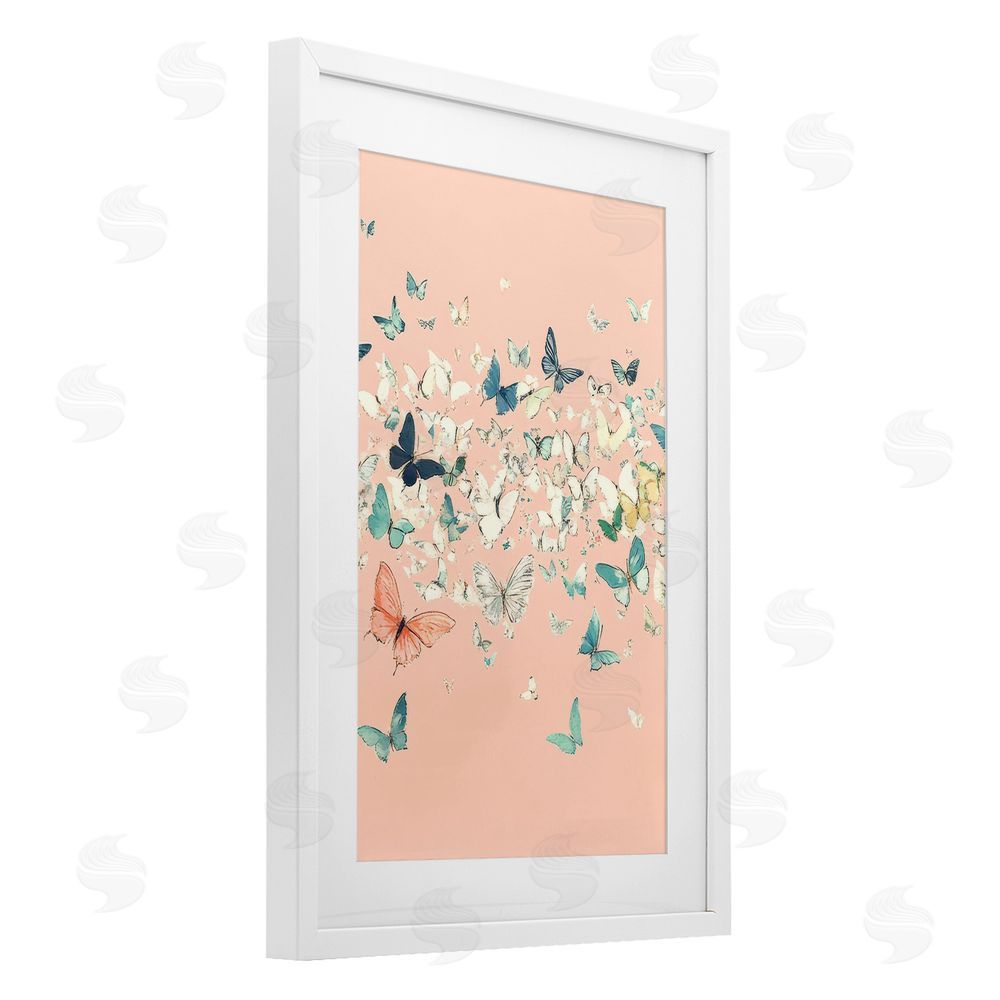 Petal Prints Design Blush Butterflies over Pink White Framed Print Under Glass with Mat Wall Art