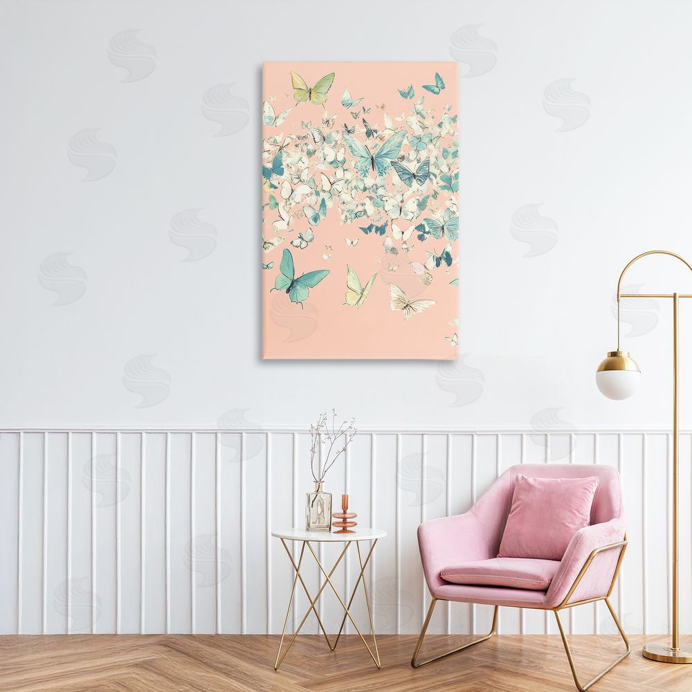 Petal Prints Design Butterfly Cluster over Pink Canvas Art on Wall