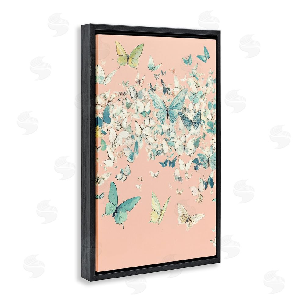 Petal Prints Design Butterfly Cluster over Pink Black Floating Frame Canvas Wall Art Print
