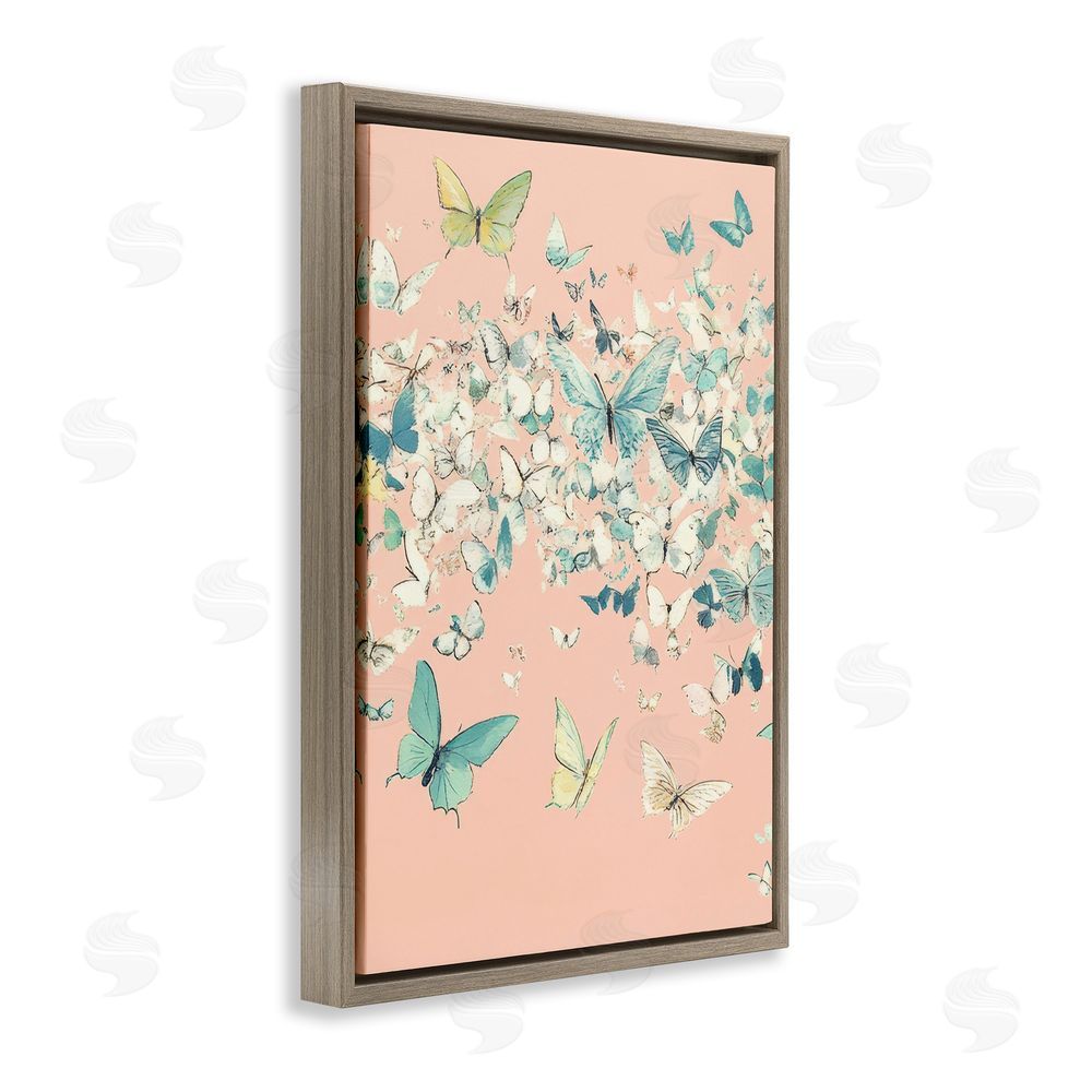 Petal Prints Design Butterfly Cluster over Pink Brown Floating Frame Canvas Wall Art Print