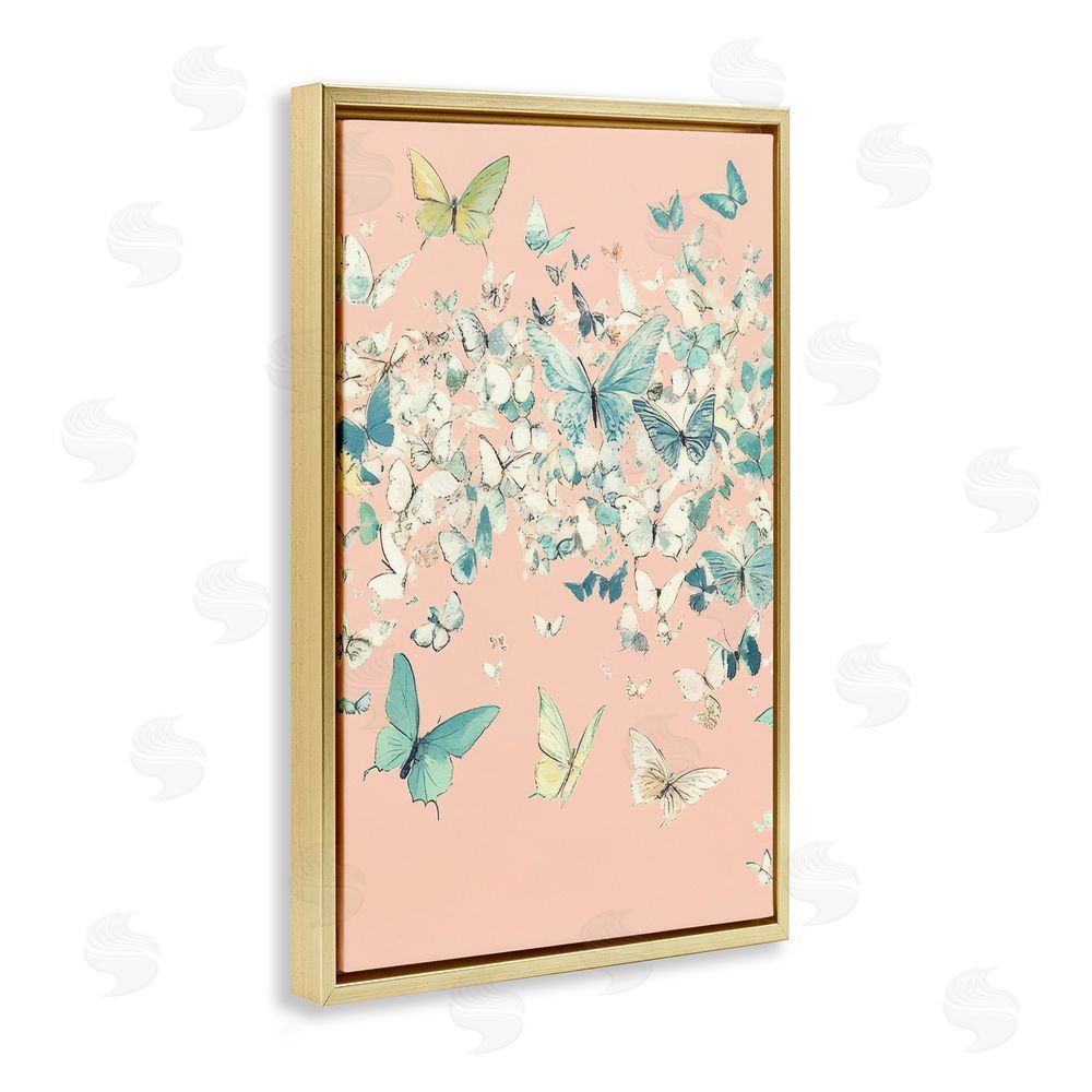 Petal Prints Design Butterfly Cluster over Pink Gold Floating Frame Canvas Wall Art Print