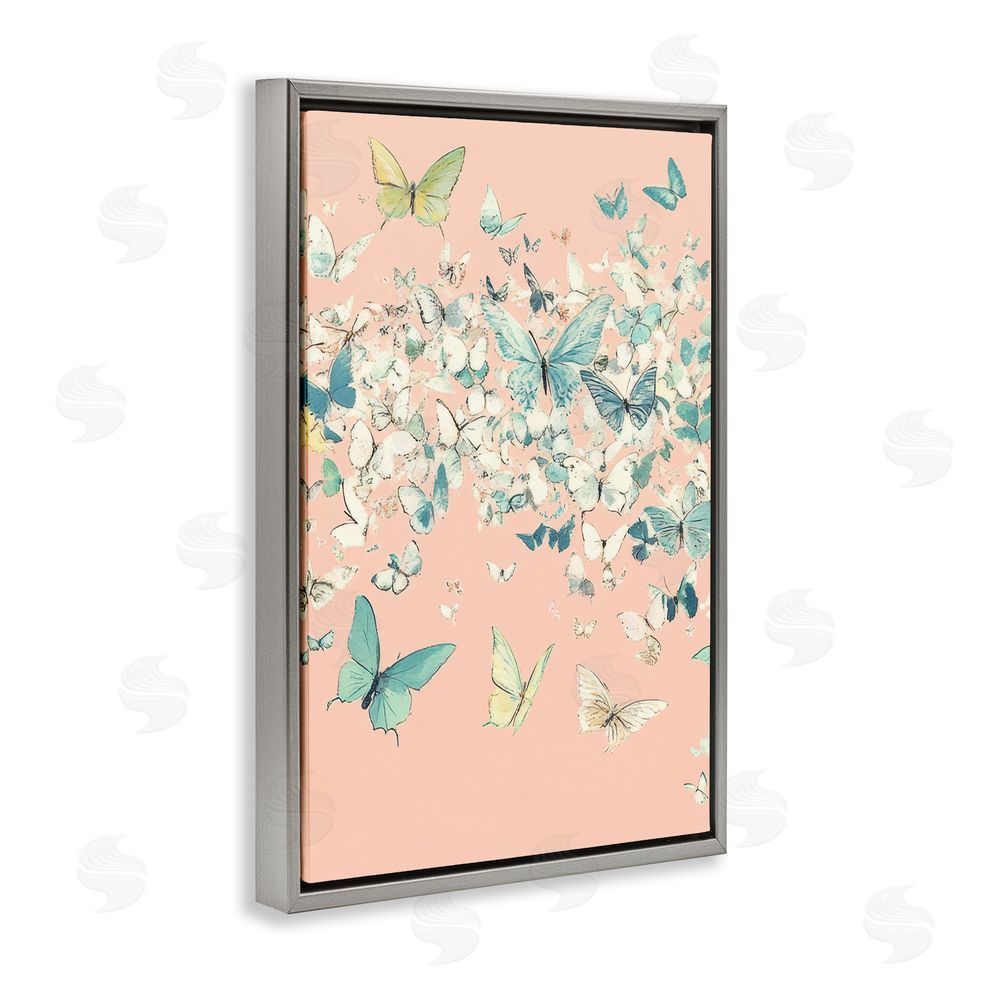 Petal Prints Design Butterfly Cluster over Pink Gray Floating Frame Canvas Wall Art Print